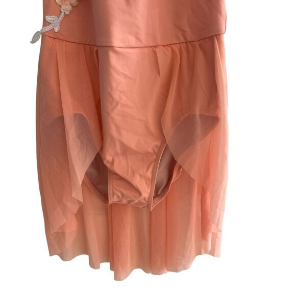 New Weissman Peach Floral Appliqué Dance Costume Dress Large Girl LC Leotard - Picture 3 of 5